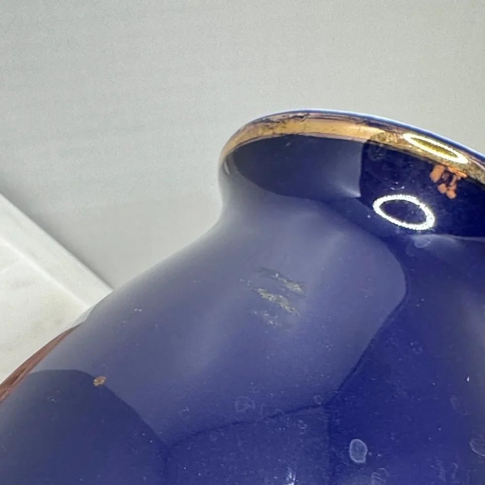 Vintage Asian Cobalt Blue Peacock Vase Jar Cherry Blossoms Gold Accents